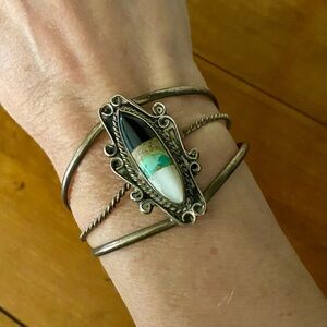 Vintage Native American Sterling Silver, Turquoise, MOP, and Onyx Cuff Bracelet
